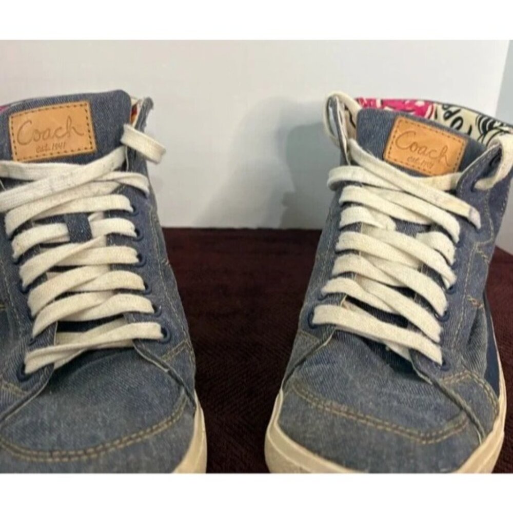 Coach Poppy Shoes Womens Blue Denim High Top Sneakers Casual Lace Up Size 6.5B - Picture 8 of 14